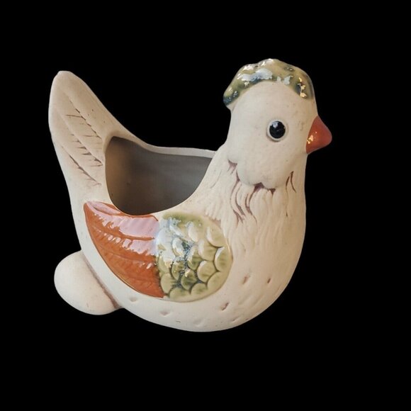 Vintage Pottery Chicken With Chick & Egg Planter 6" Partially Glazing Farmhouse - Picture 3 of 10
